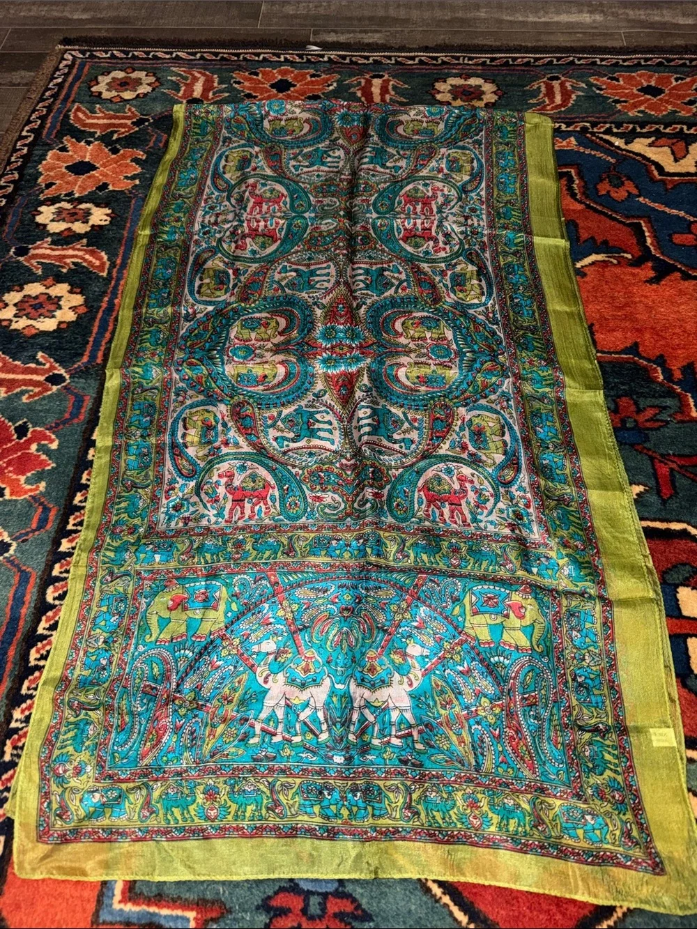 Intricate Kalamkari Paisley Multicolor 100% Silk Scarf - Teal, Red & Lime